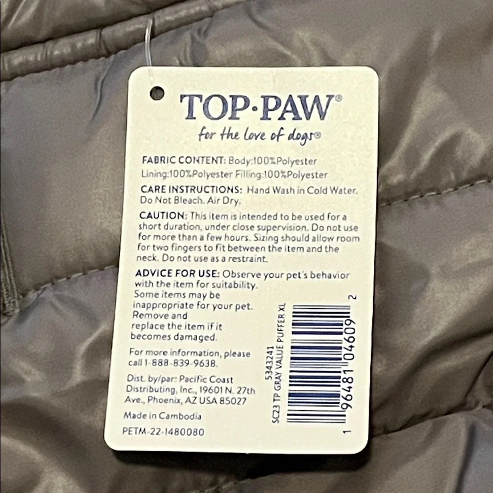 Dog Puffer Jacket by Top Paw in Gray Size XL NWT